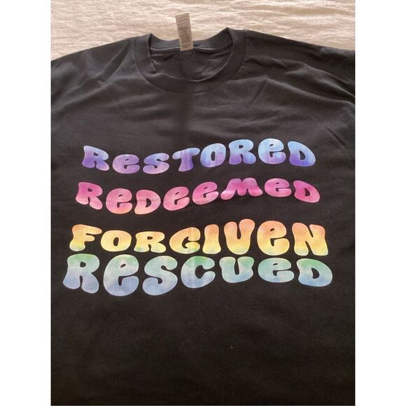 Restored Redeemed Forgiven Rescued Retro Custom Printed Tee Shirt L - Picture 2 of 6